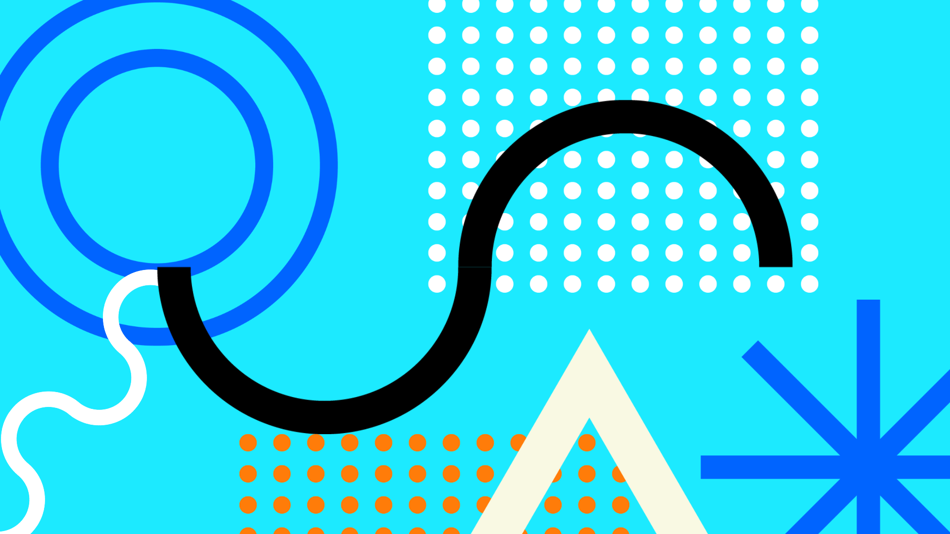 Abstract graphic of circles, dots, triangles, and lines on a light blue background