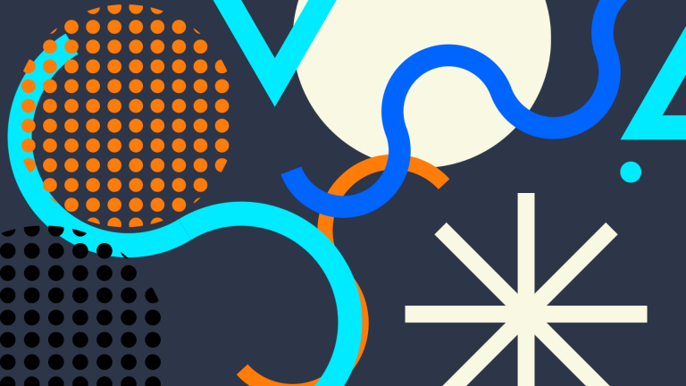 Abstract graphic of circles, dots, triangles, and lines on a dark blue background