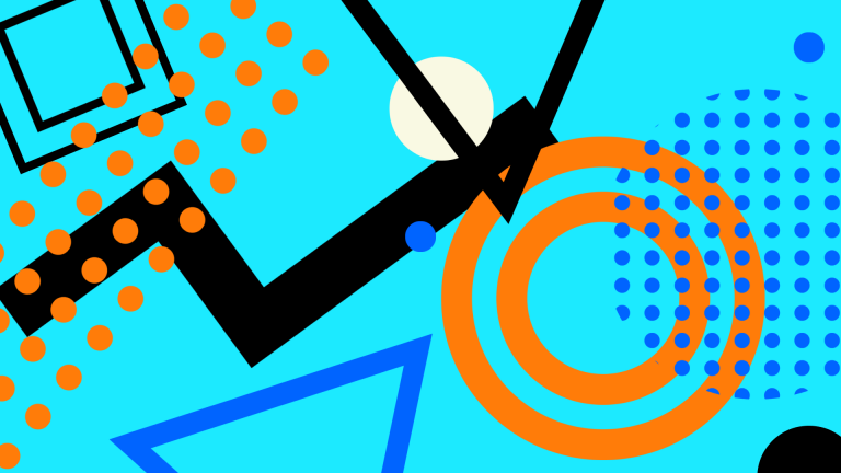 Abstract graphic of circles, dots, triangles, and lines on a light blue background