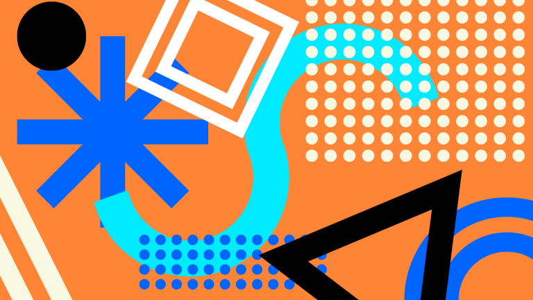 Abstract graphic of circles, dots, triangles, and lines on an orange background