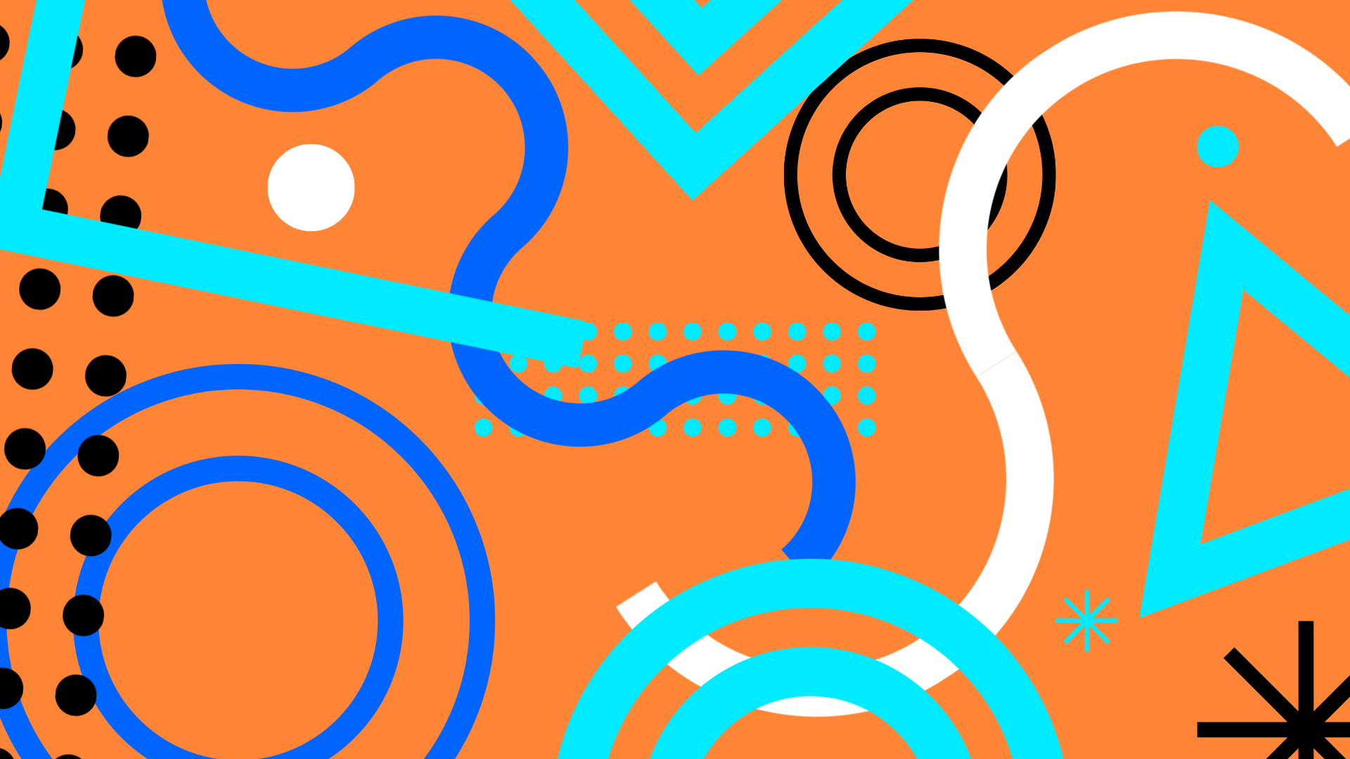 Abstract graphic of circles, dots, triangles, and lines on an orange background