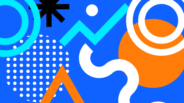 Abstract graphic of circles, dots, triangles, and lines on a blue background