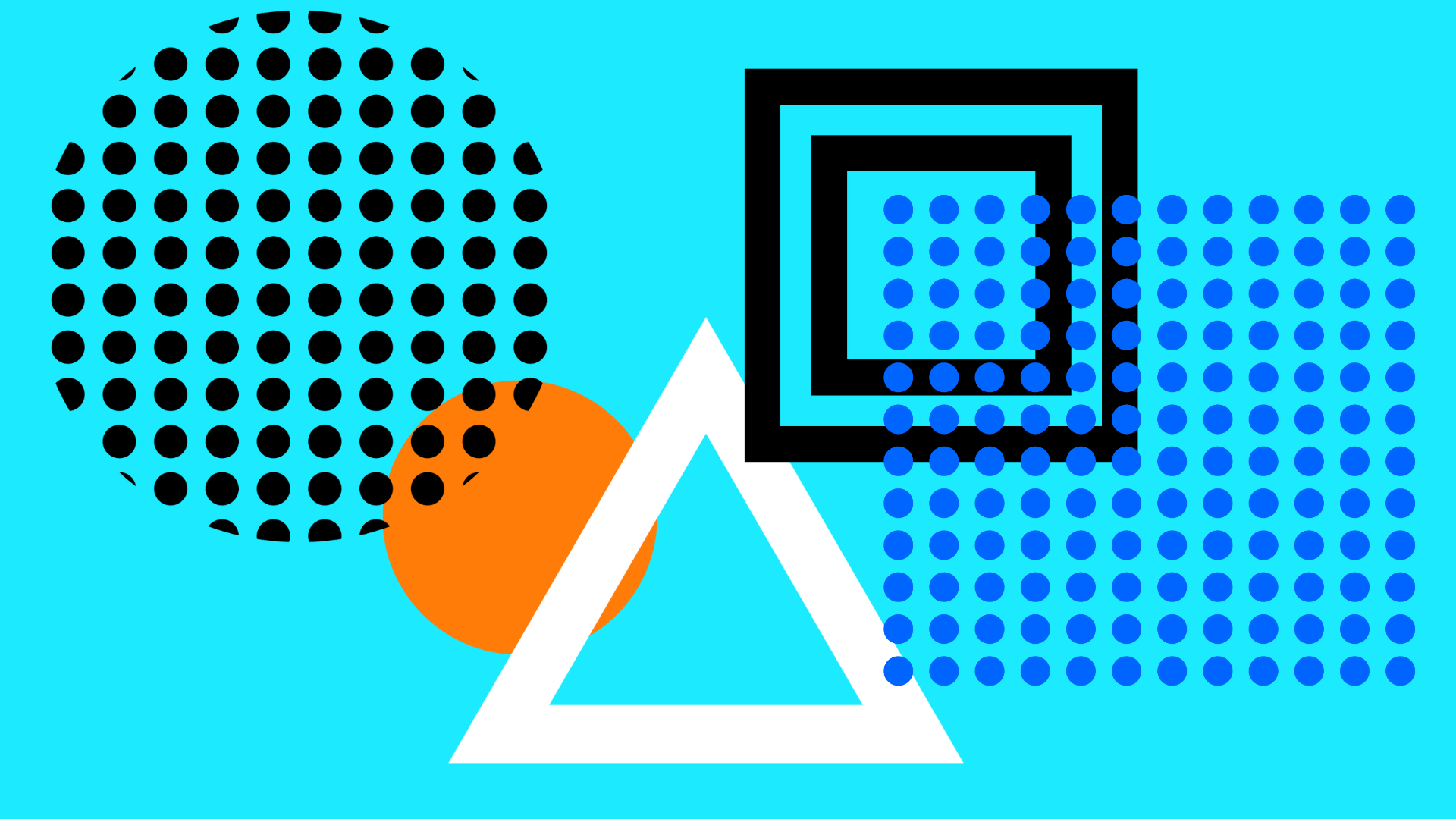 Abstract graphic of circles, dots, triangles, and lines on a light blue background