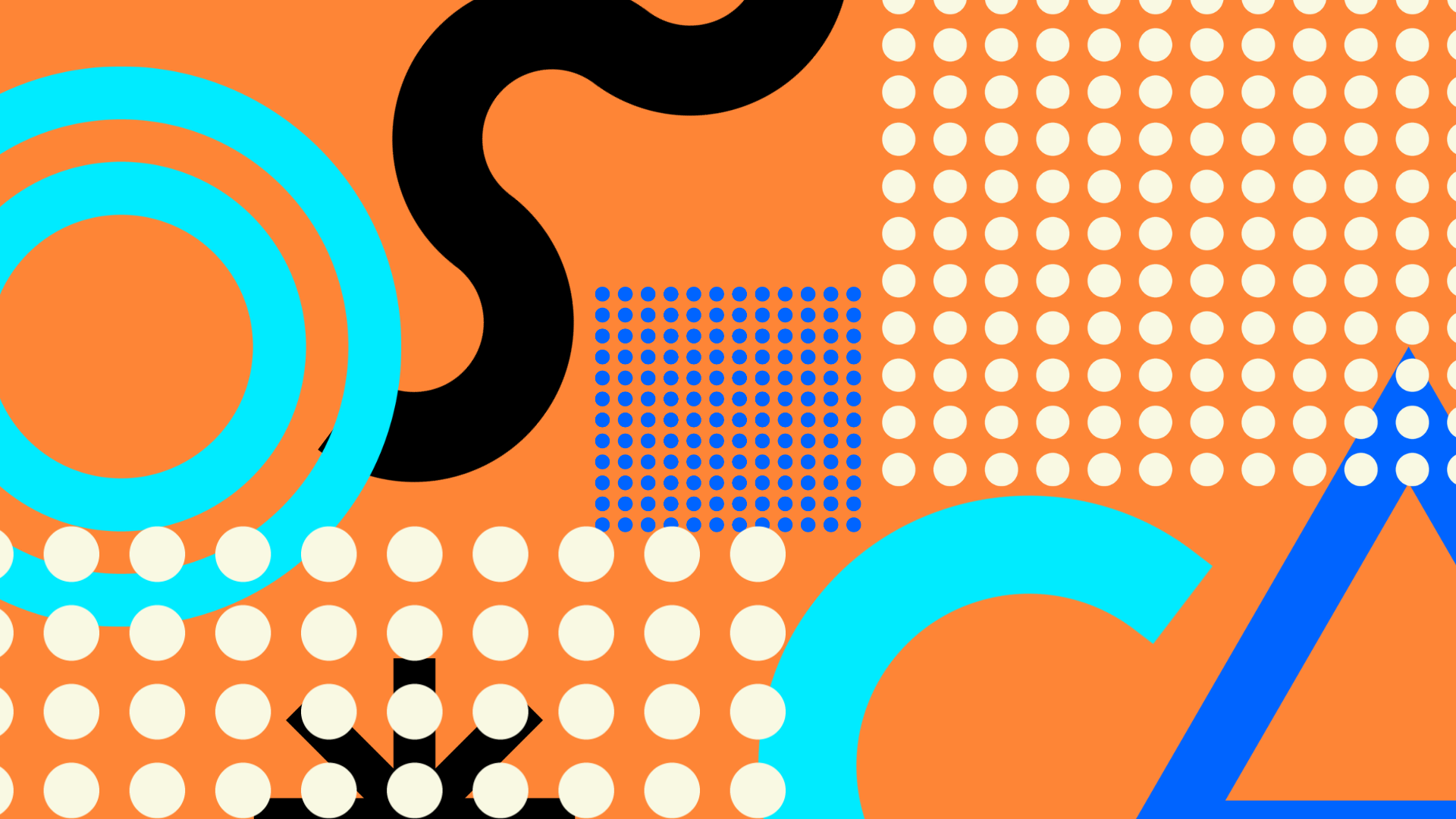 Abstract graphic of circles, dots, triangles, and lines on an orange background