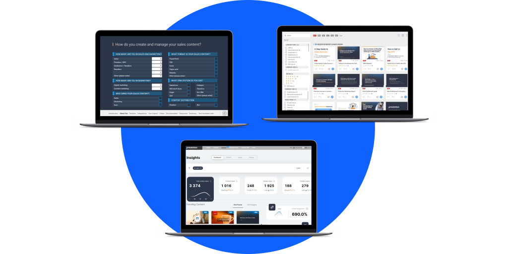 Blue circle with three laptop mockups that show the Prezentor solutions