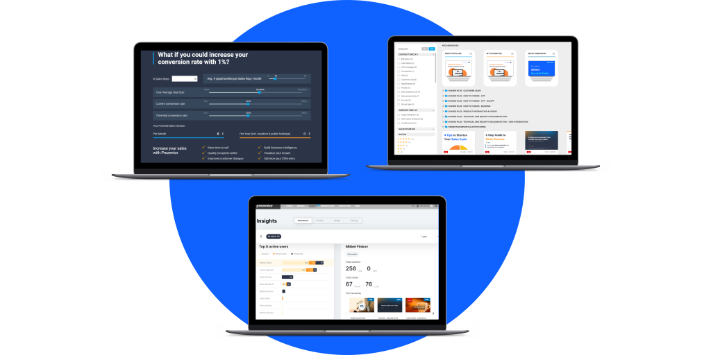 Blue circle with laptop mockups that show the Prezentor solutions