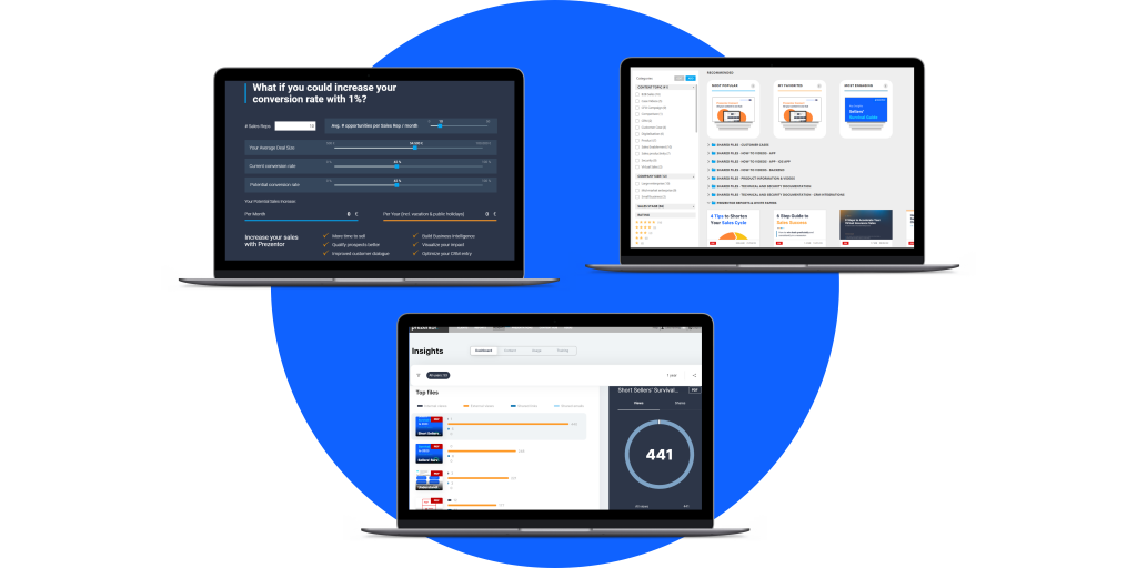 Blue circle with three laptop mockups on it that show the Prezentor solutions