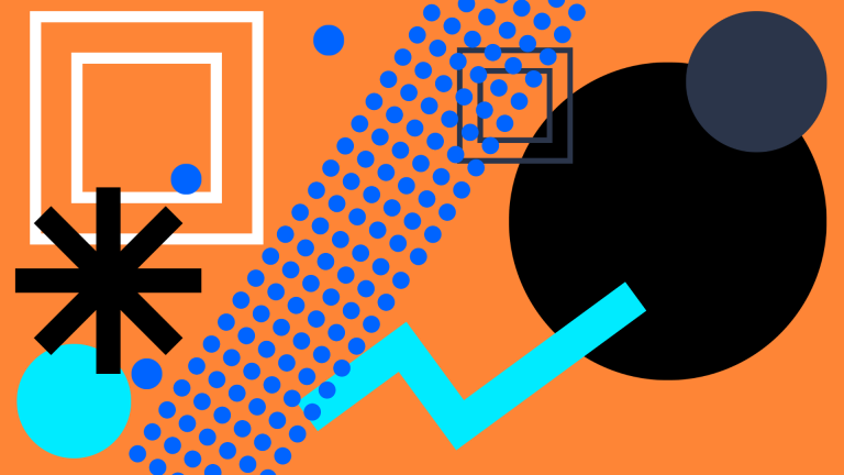 Abstract graphic of circles, dots, triangles, and lines on an orange background