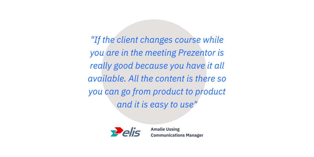 Grey circle with a customer quote in blue on it stating the advantages of Prezentor for sellers