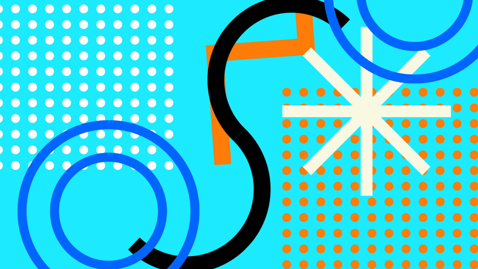 Abstract graphic of circles, dots, triangles, and lines on a light blue background