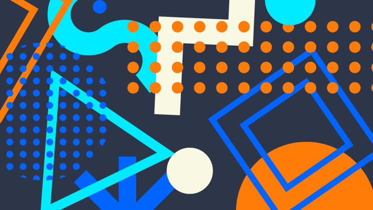 Abstract graphic of circles, dots, triangles, and lines on a dark blue background