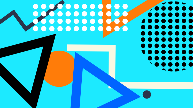 Abstract graphic of circles, dots, triangles, and lines on a light blue background