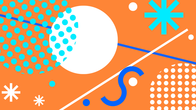 Abstract graphic of circles, dots, triangles, and lines on an orange background