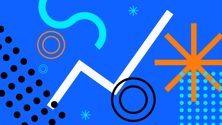 Abstract graphic of circles, dots, triangles, and lines on a blue background