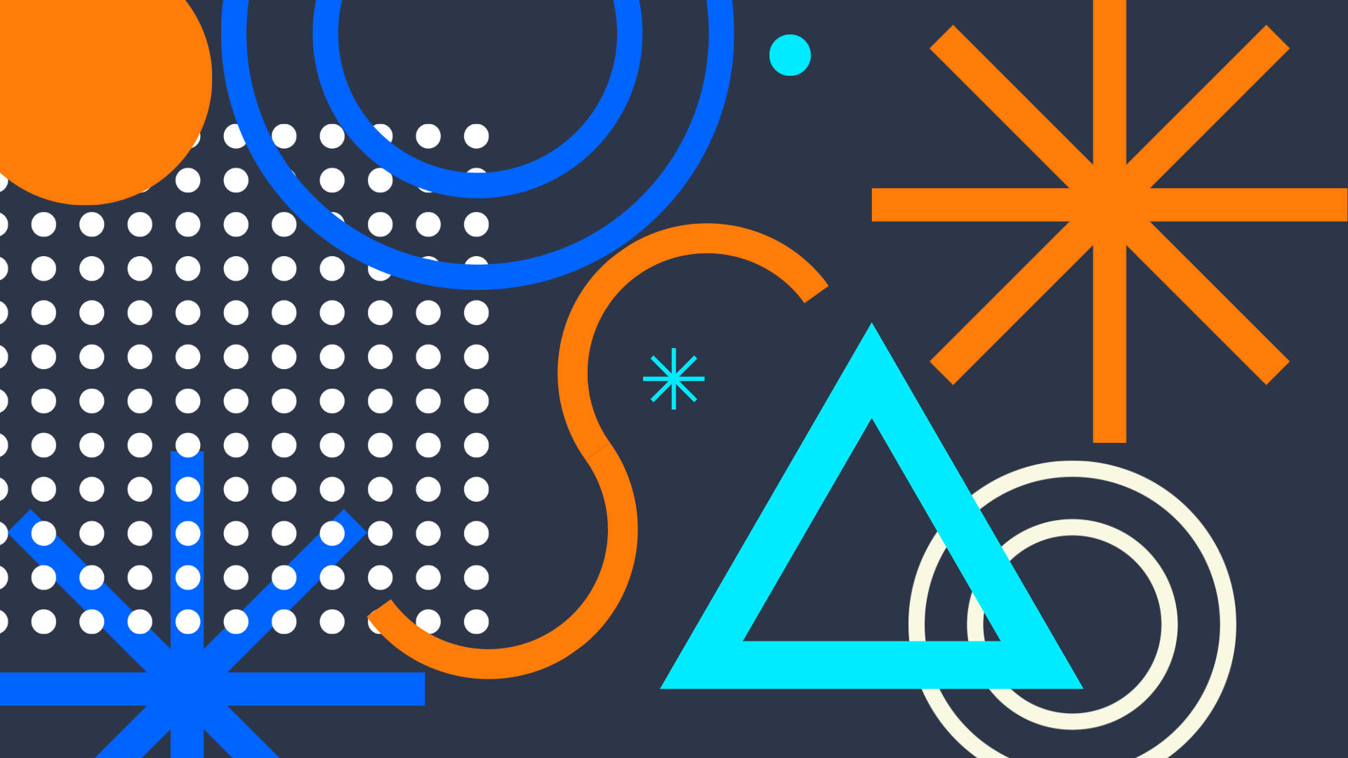 Abstract graphic of circles, dots, triangles, and lines on a dark blue background