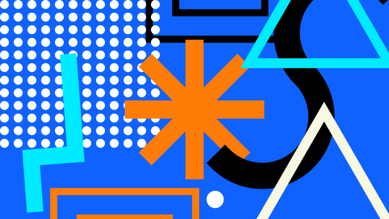 Abstract graphic of circles, dots, triangles, and lines on a blue background