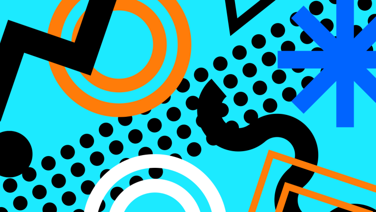 Abstract graphic of circles, dots, triangles, and lines on a light blue background