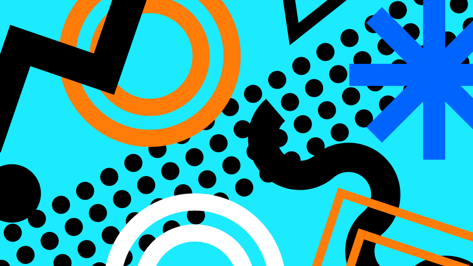 Abstract graphic of circles, dots, triangles, and lines on a light blue background