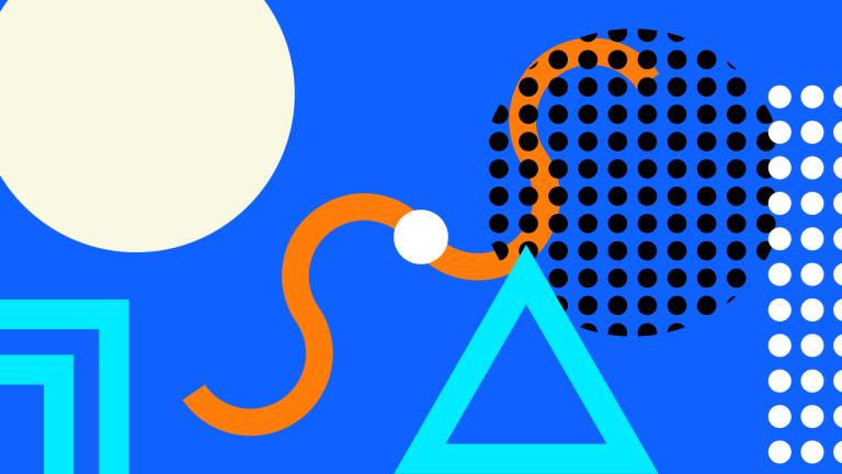 Abstract graphic of circles, dots, triangles, and lines on a blue background