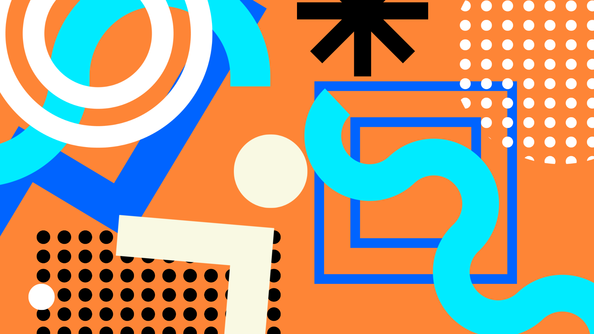 Abstract graphic of circles, dots, triangles, and lines on an orange background