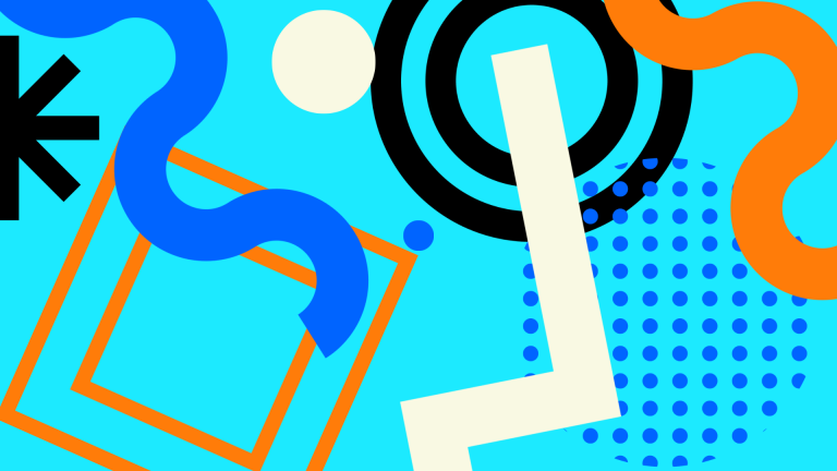 Abstract graphic of circles, dots, triangles, and lines on a light blue background