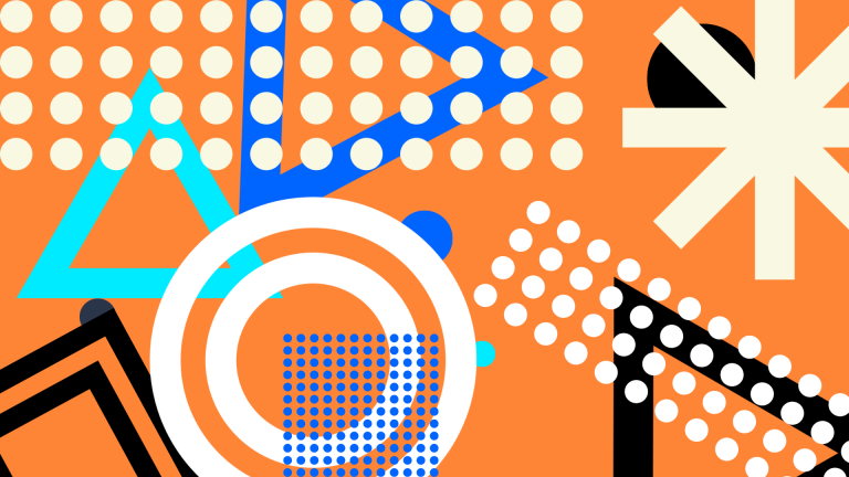 Abstract graphic of circles, dots, triangles, and lines on an orange background
