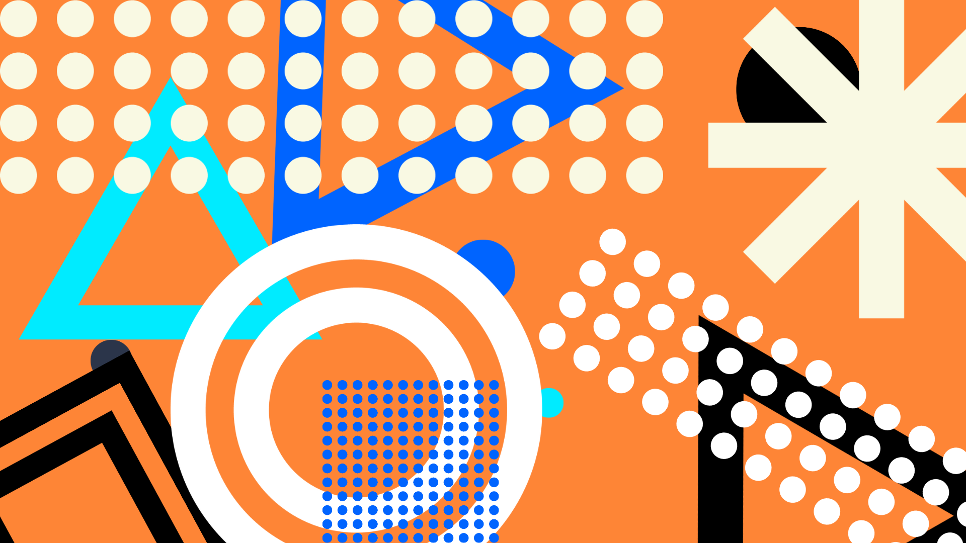 Abstract graphic of circles, dots, triangles, and lines on an orange background