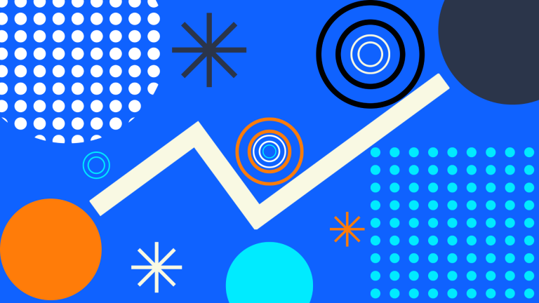 Blue background with colorful circles and stars of various sizes
